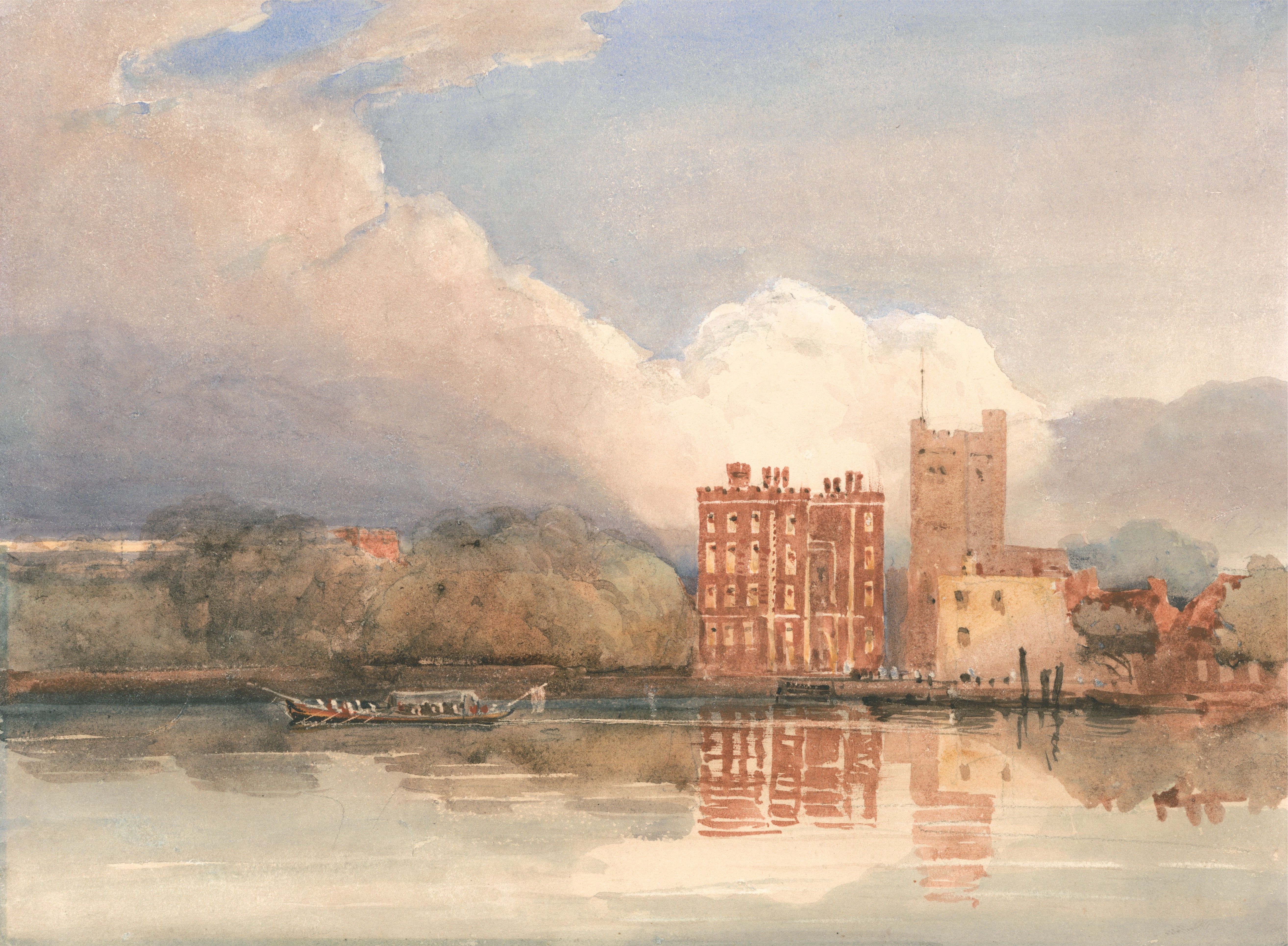 David Cox, 1783–1859, View of Lambeth Palace on Thames, between 1820 and 1829, Watercolor, gouache, and graphite, with scratching out on thick, slightly textured, white wove paper, Yale Center for British Art, Paul Mellon Collection, B1977.14.6130.