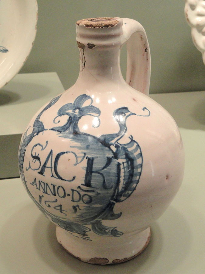 Tin-glazed earthenware wine bottle, 1645