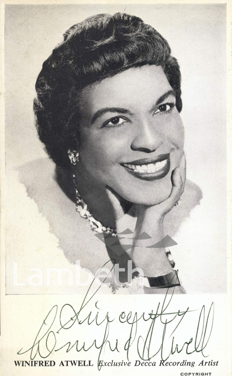 An autographed publicity photograph of Winifred Atwell, from the album collated by Ken Legg, the manager of the Granada, Brighton Terrace, Brixton.