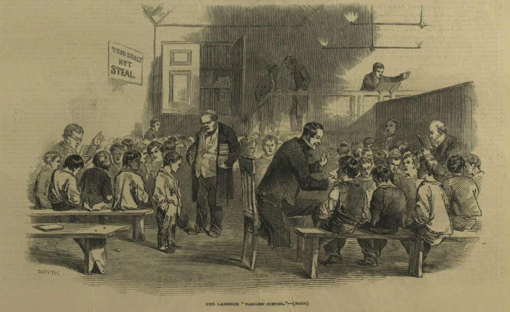 Old print showing boys section of Lambeth Ragged School, with boys seated on benches and men instructing, One boy being admonished by a teacher, Sign on the wall says Thou Shalt Not Steal