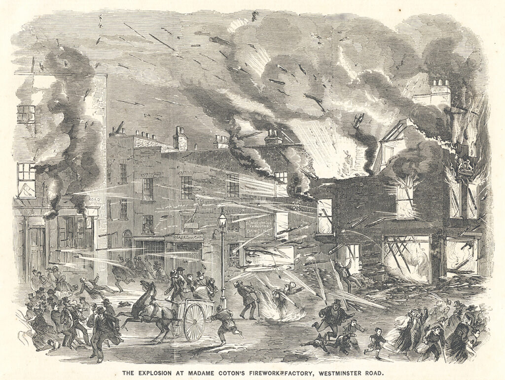 Black and white wood engraving published in a newspaper showing the second explosion at Mme Coton's fireworks factory with people and horses, dogs fleeing at the moment of impact and buildings on fire