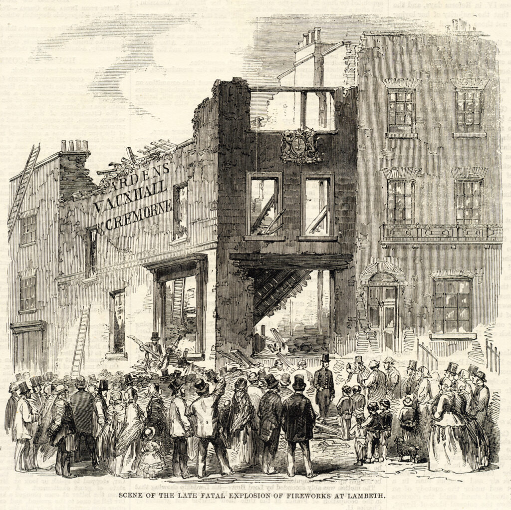 Wood engraving published in a newspaper of 1858 showing the aftermath of the explosion - burnt and partially demolished buildings and a crowd of onlookers