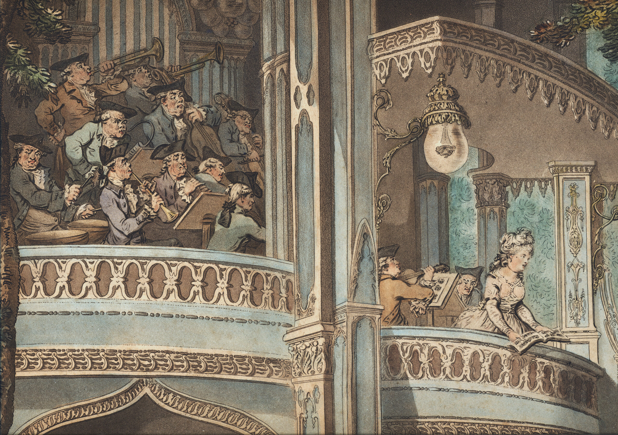 Detail of an old colour print showing  a female singer on an orchestra balcony, with a score held in both hands. Behind her in the next balcony is a band of musicians. All are wearing 18th century dress