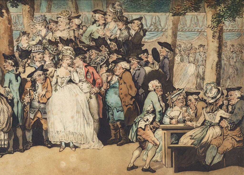 Detail of an old colour print, with a group of men and some women, at the front is a woman in a white dress, with a man in a red coat, his hand on his hip. She has an old shrunken man on her right arm.  In the foreground, a waiter opens a wine bottle in a suggestive manner, standing by a table in which two couples, drinking, are flirting
