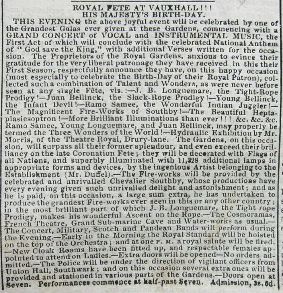 Newspaper text advertising the king's birthday fete at Vauxhall Gardens, including a grand concert of vocal and instrumental music concluding with the national anthem with additional verses written for the occasion