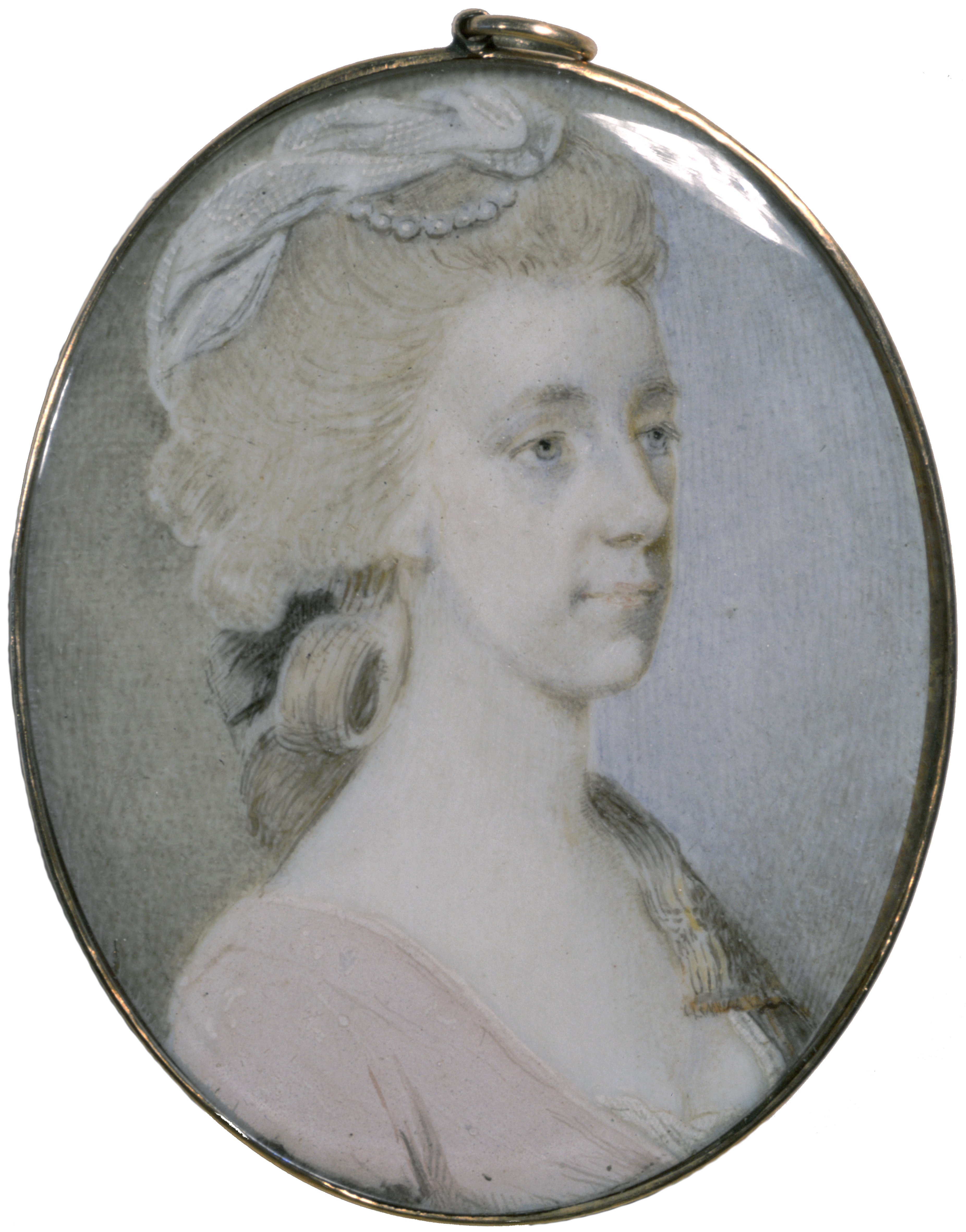 Cameo shaped miniature portrait of a woman with 18th century style bouffed up blonde hair topped with a white hair decoration in which there is a string of pearls. She wears a low pink dress