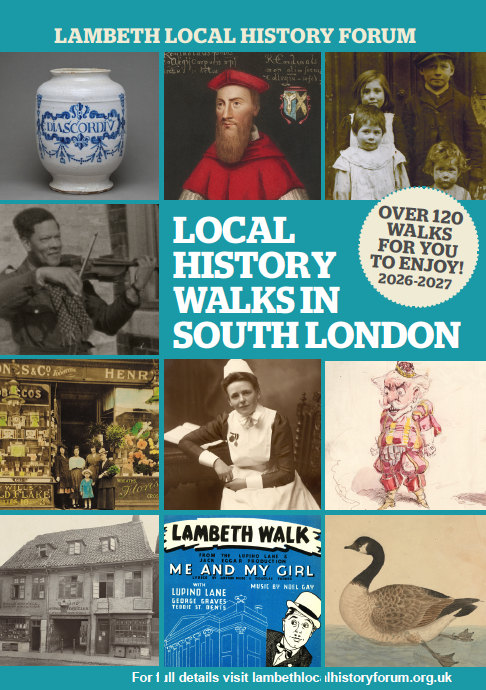 Cover of leaflet listing local history walks in lambeth showing various images associated with the area